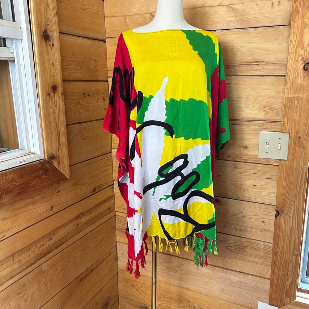 Kaftan Beach Cover Up Womens One Size Multi Rasta Cannabis Leaf Poncho Sol & Spa